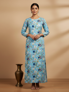 Printed Rayon Kurti - Sky Blue