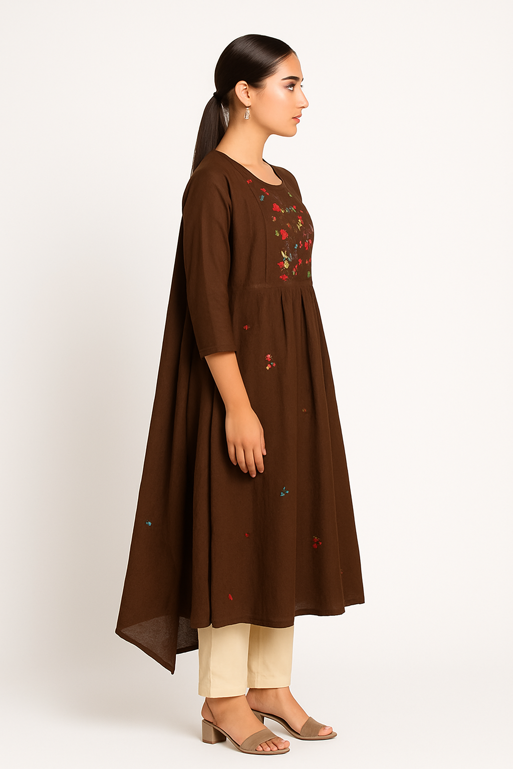 Women's Brown Cotton Kurti with Floral Embroidery, 3/4 Sleeve Maxi Length Traditional Set